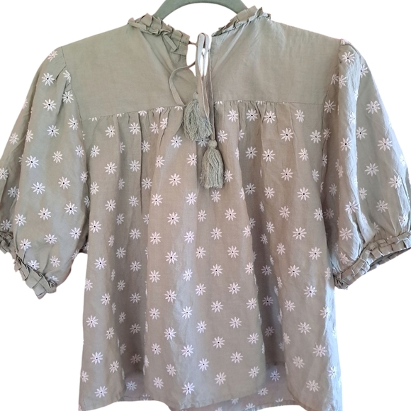 Bohme small cotton retro boho daisy embroidered tassel tie sage green blouse - Picture 5 of 5